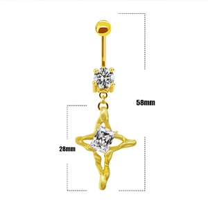 Goldener Bauchnabelpiercing mit flüssigem Kreuzanhänger und Zirkonstein 58mm Länge