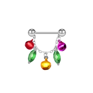 Detail of silver nipple ring with colorful bells and green drop charms for Christmas