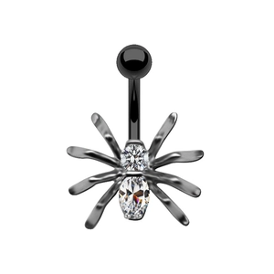 Punk black spider navel ring with sparkling clear gemstones in a gothic piercing style