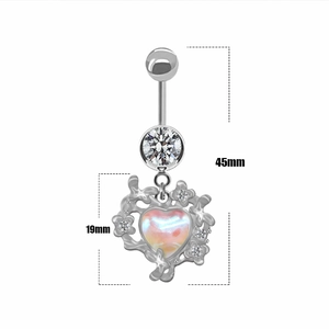 Silberner Bauchnabelpiercing mit Herz-Opal-Blumenanhänger und funkelnden Zirkonia-Steinen