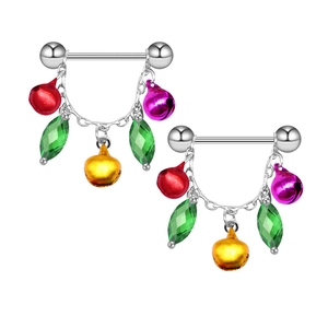 Christmas nipple rings with colorful bells and green crystals on silver barbells