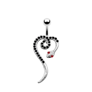 Detailed view of snake belly button ring with black stones and red eyes on steel bar
