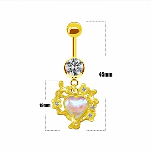 Detailansicht der Abmessungen des goldenen Herz-Bauchnabelpiercings mit Opalstein