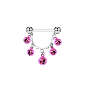 Detail shot of a steel nipple barbell ring featuring five hanging pink metal bells