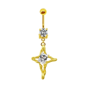 Detail eines goldenen Bauchnabelpiercings mit Kreuzanhänger in Lava-Optik und Zirkonia