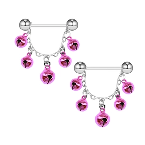 Silver barbell nipple rings featuring five hanging pink bell charms on a white background