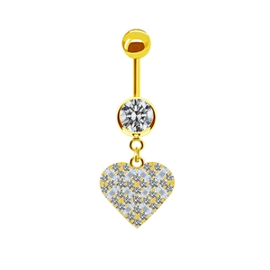 Detailed macro view of gold heart navel ring with baguette and round cubic zirconia