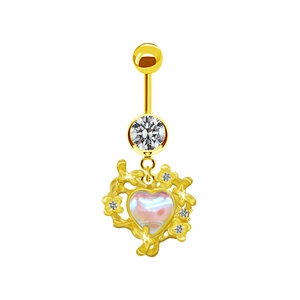 Goldener Bauchnabelpiercing mit Herzanhänger, Blumenranke und irisierendem Opalstein