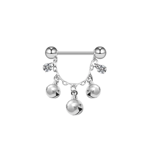 Detailed view of silver nipple ring with zircon stones and colorful hanging bells