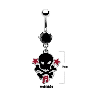 Detail view of silver punk navel ring with black gemstone, skull charm and 17mm pendant height