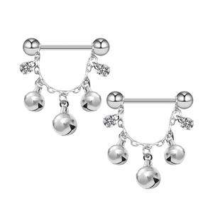 Pair of stainless steel barbell nipple rings with delicate chains and colorful bells