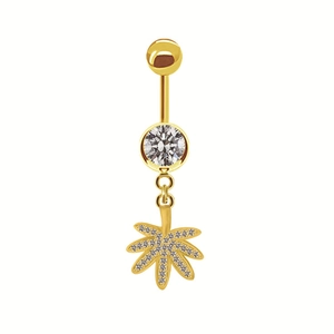 Detail of a gold belly ring featuring a crystal cannabis leaf pendant with pearl accents