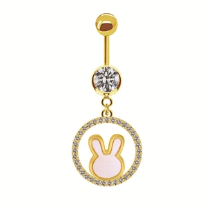 Gold-plated belly button ring with sparkling zircon and cute pink enamel rabbit pendant