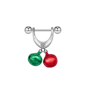 Detail view of silver nipple ring with a zircon-inlaid U-shape and red-green bell charms