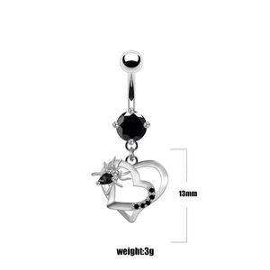 Detailed view of punk spider belly ring with black gemstone heart pendant and 13mm bar