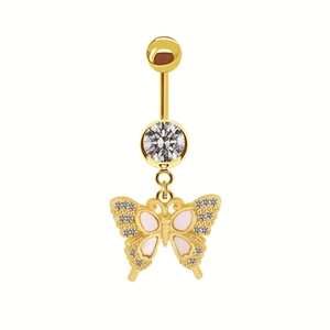 Gold butterfly belly button ring with pearl inlay and sparkling crystal butterfly pendant