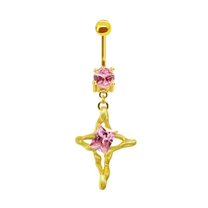 Makro-Detail des goldenen Bauchnabelpiercings mit rosa sternförmigem Edelstein