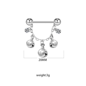 Macro shot of silver bell nipple ring with zircon drops and chain, 20mm width detail