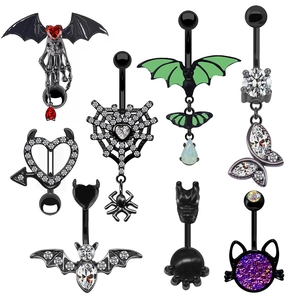 Gothic Black Zinc Alloy Bat Heart Butterfly Belly Rings Halloween Rhinestone Inlaid Body Piercing Jewelry For Women Men