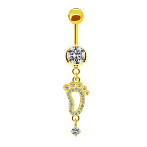 Golden heart footprint navel ring with crystal cubic zirconia and shiny pearl accents