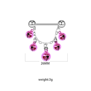 Surgical stainless steel nipple ring with five pink bells hanging from a 26mm barbell