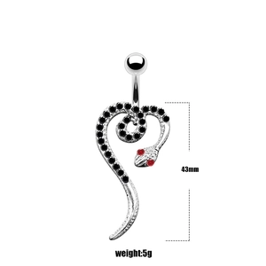 Macro detail of snake navel ring with black crystals, 43mm length and 5g weight