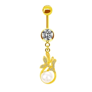 Golden belly button ring with butterfly pendant, zircon stones and white pearl drop