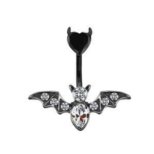 Gothic black bat belly button ring with heart devil gem and teardrop zircon pendant