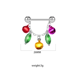 Detail of Christmas nipple ring with colorful bells and green gemstones, size 26MM