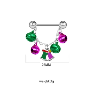 Detail of Christmas nipple ring with green and purple bells and festive sock charm