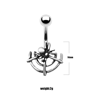 Detail view of punk spider belly ring with 14mm bar length and antique silver finish