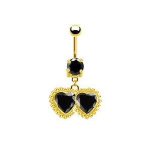 Goldener Herz-Bauchnabelpiercing mit schwarzen Steinen und Perlenrand auf weißem Grund