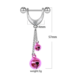 Detail view of steel nipple ring with zircon U-shape and pink bells, 57mm height