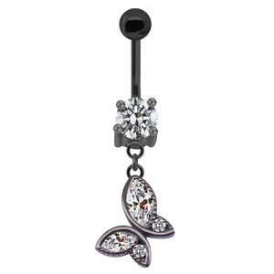 Black bat-style navel ring featuring a round zircon and a butterfly crystal pendant