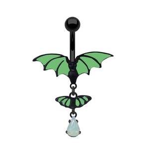 Detailed close-up of Gothic bat belly ring with green wings and teardrop opal stone