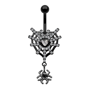 Macro view of gothic black spider web belly ring with heart crystal and tiny spider charm