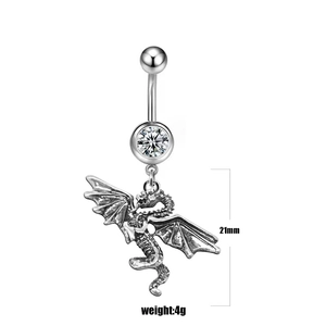 Detail of western dragon belly button ring with large zircon and silver finish, 21mm height