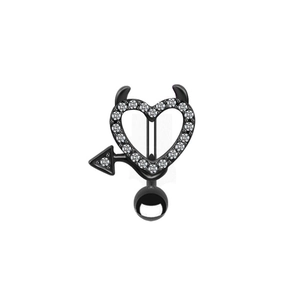 Detail of black devil heart belly ring with white zircon pave and gothic arrow design