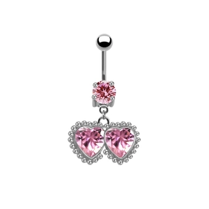 Bauchnabelpiercing mit rosa Kristallherzen aus silbernem Edelstahl für Damen