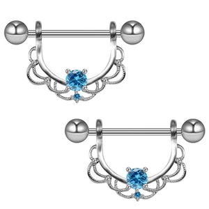 Silver nipple barbells with sky blue crystals and hollow lace pendant design