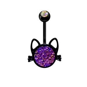 Gothic black bat cat belly button ring with purple crystal and rainbow rhinestone