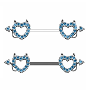 Silver devil heart nipple rings with sky blue gemstones and arrow tail design