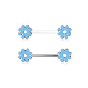 Detail view of heart flower nipple rings with light blue enamel petals on a steel barbell