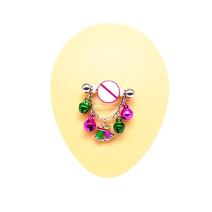Detailed view of stainless steel nipple ring with colorful bells and Christmas stockings