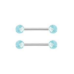 Macro view of barbell nipple rings with light blue glitter balls and silver steel posts