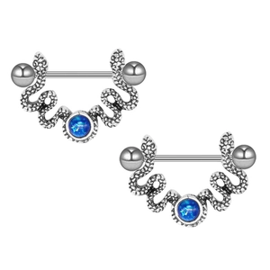 Snake shaped nipple rings in oxidized silver with blue opal stones on white background