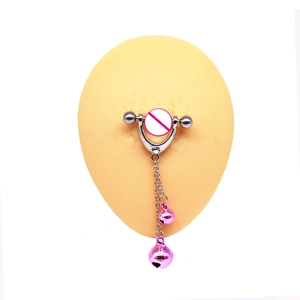 Detail view of silver stainless steel nipple ring with pink bells on silicone model