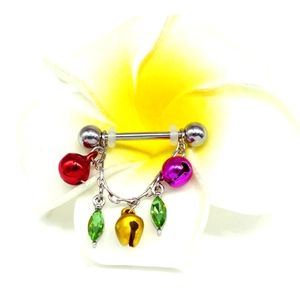 Detail of barbell nipple ring with colorful bells and green marquise crystals on a flower