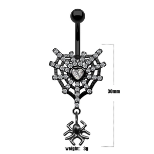 Detail of gothic navel ring with heart stone, spider web design and 30mm pendant height
