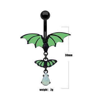 Gothic bat navel piercing with green wings and blue teardrop gem 30mm height